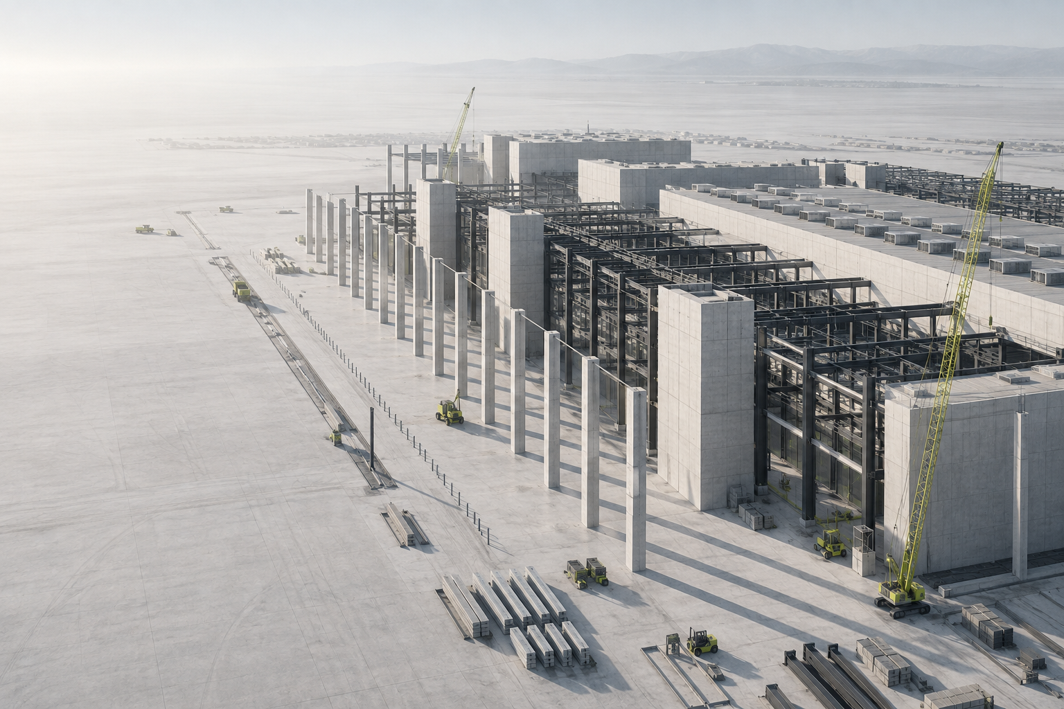 Architectural concept of a vast concrete and steel industrial facility under construction.